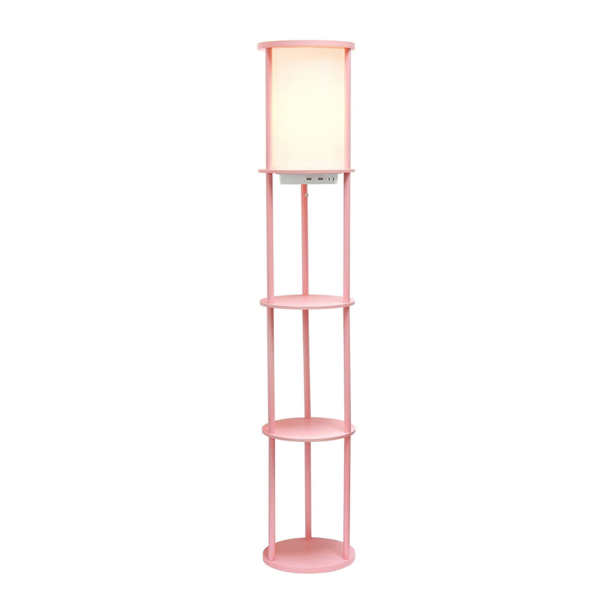 Simple Designs 62.5″ Round Modern Shelf Etagere Organizer Storage Floor Lamp With 2 Usb Charging Ports. Light Pink