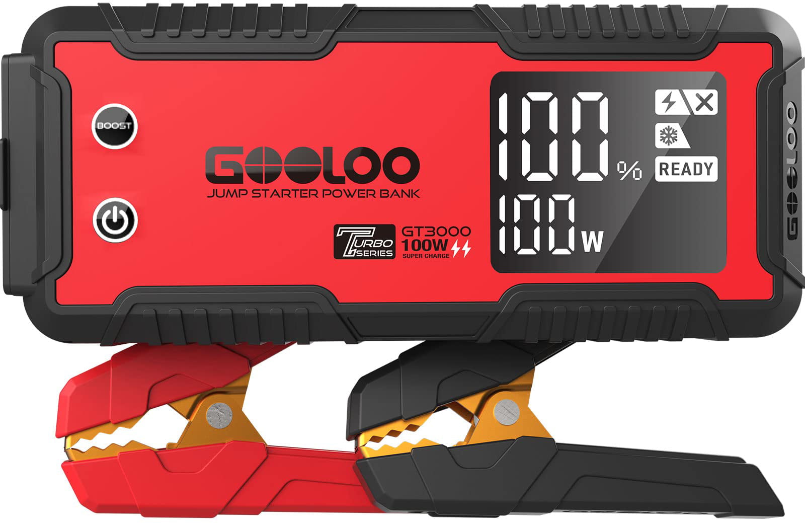 Car Jump Starter. GOOLOO GT3000 3000A Peak. 100W 2-Way Fast Charging. SuperSafe 12V Lithium Portable Car Battery Booster Pack. IP65 Power Bank Charger Box with Jumper Cables for 8L Diesel and 10L Gas