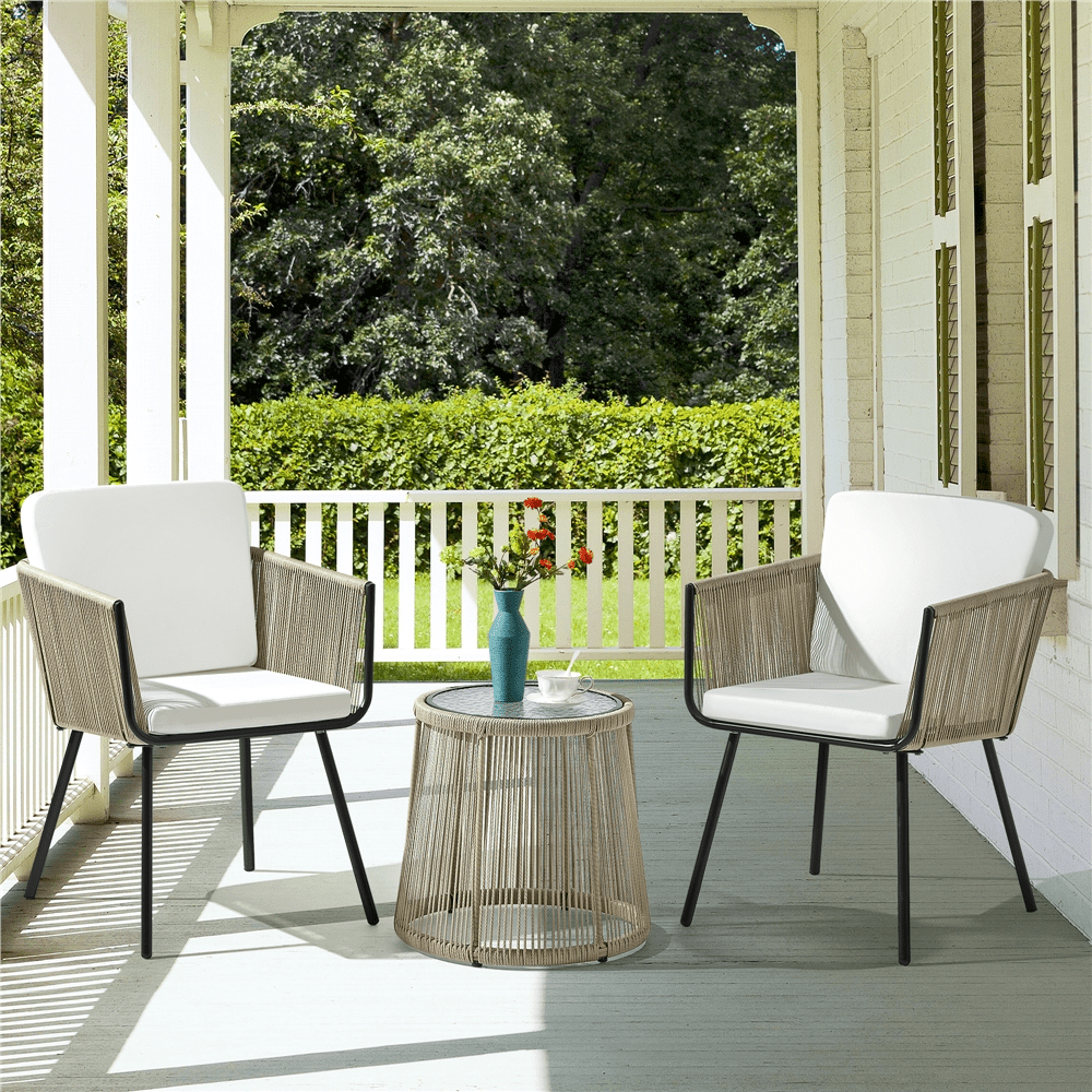SMILE MART 3-Piece Outdoor Metal Frame Wicker Bistro Set 2 Chairs and Tempered Glass Top Side Table. Tan