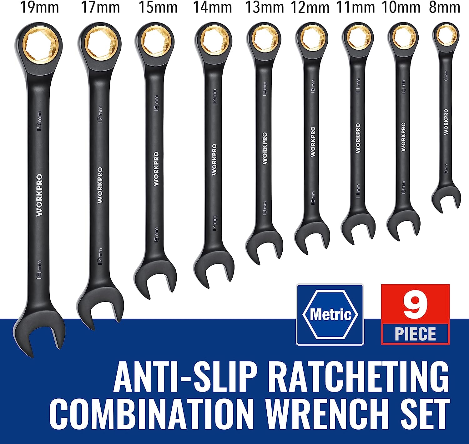 WORKPRO 9-Piece Anti-Slip Ratcheting Combination Wrench Set. Metric 8-19 mm. 72-Teeth. Cr-V Constructed. Black Ratchet Wrenches Set with Roll Up Pouch
