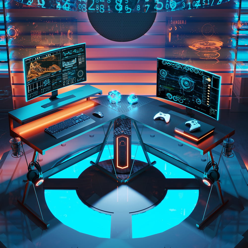 Bestier 55 inch Gaming Desk L Shaped Carbon Fiber Surface Corner Desk