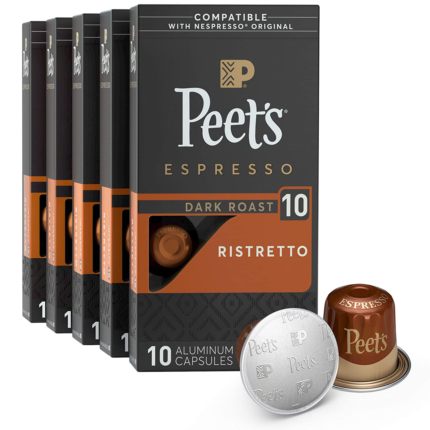 Peet-s Coffee Espresso Capsules Ristretto. Intensity 10. 50 Count Single Cup Coffee Pods Compatible with Nespresso Original Brewers
