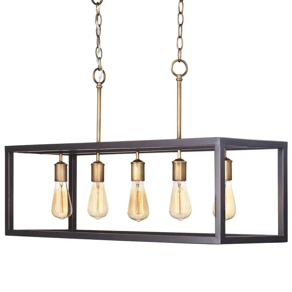 Hampton Bay Boswell Quarter 34 in. 5-Light Vintage Brass Farmhouse Linear Island Chandelier with Black Distressed Wood Accents