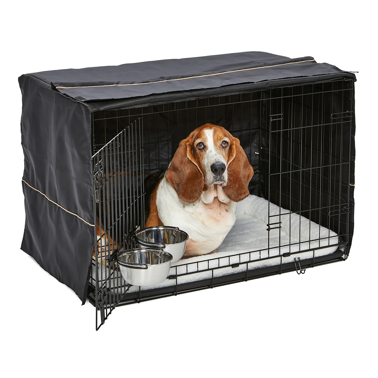 Midwest iCrate Double Door Starter Kit for Dogs. Dog Crate Cover. 2 Dog Bowls & Pet Bed 36″ L X 23.25″ W X 24.75″ H