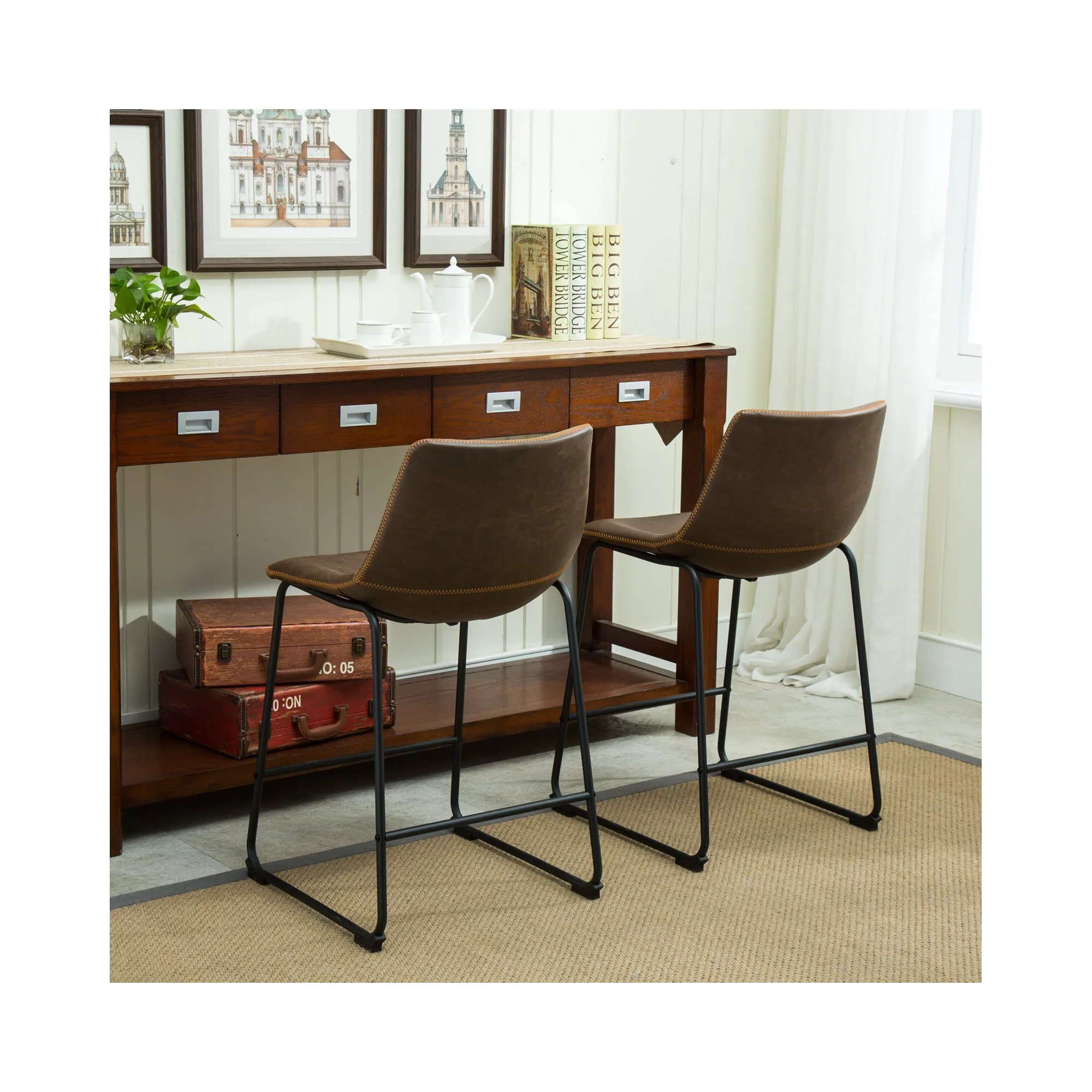 Roundhill Furniture Lotusville Vintage PU Leather Counter Height Stools. Antique Brown. Set of 2