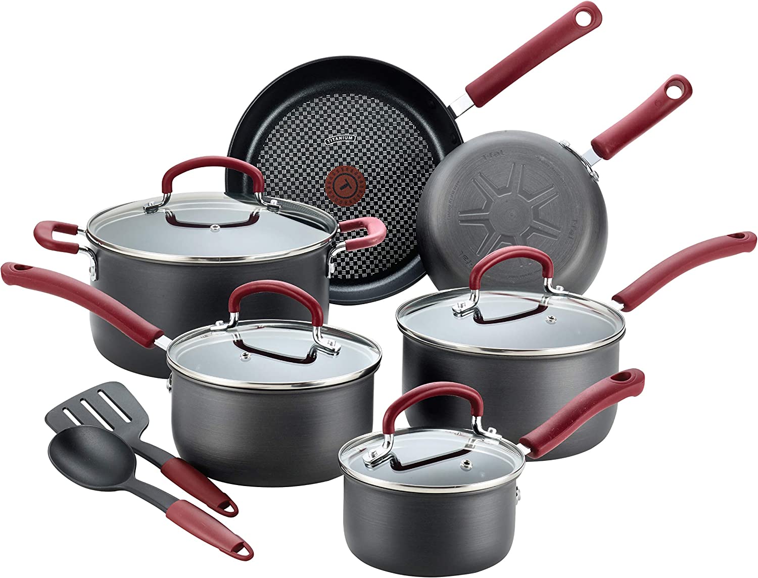 T-fal Ultimate Hard Anodized Dishwasher Safe Nonstick Cookware Set. 12-Piece. Red