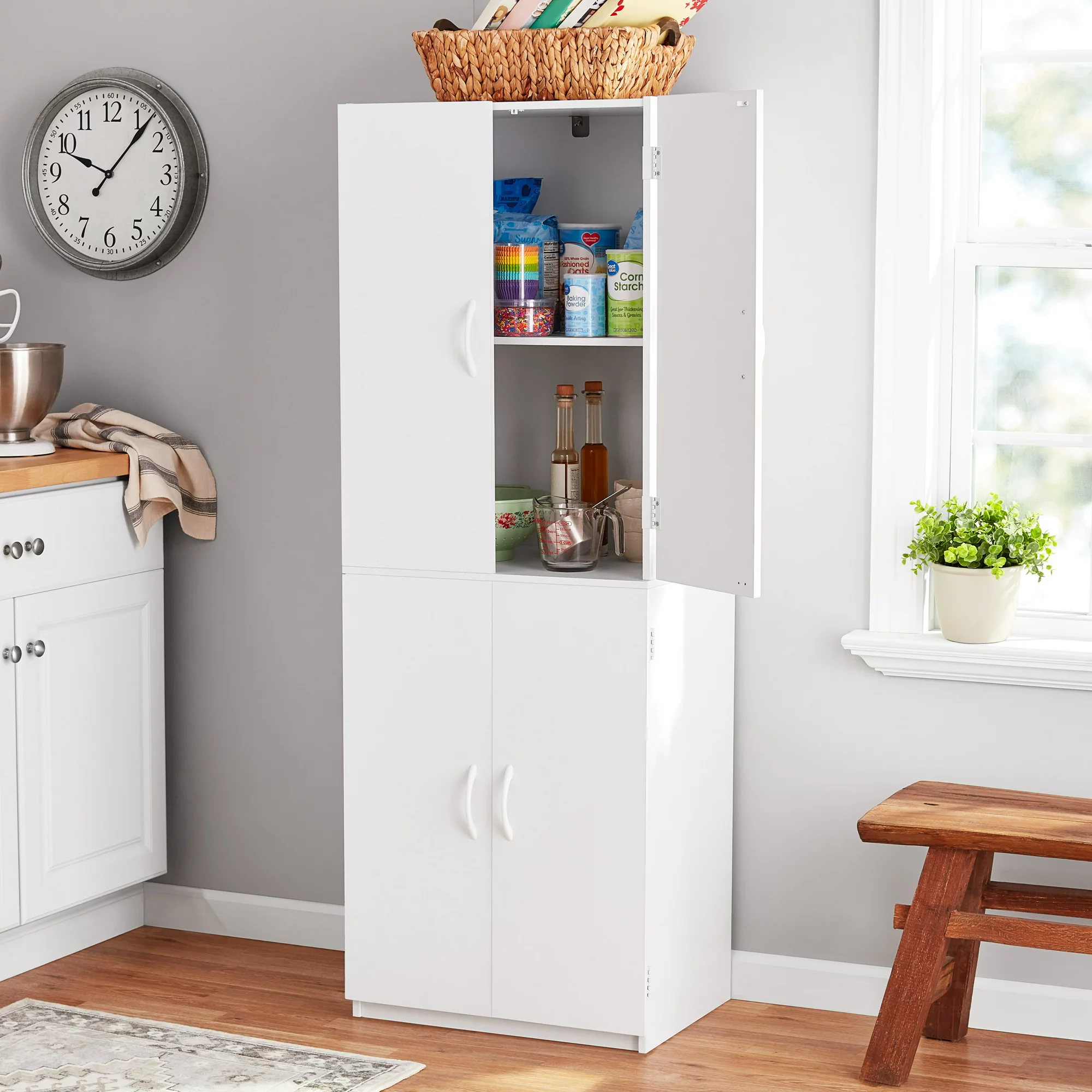 Mainstays 4-Door 5′ Storage Cabinet. White Stipple