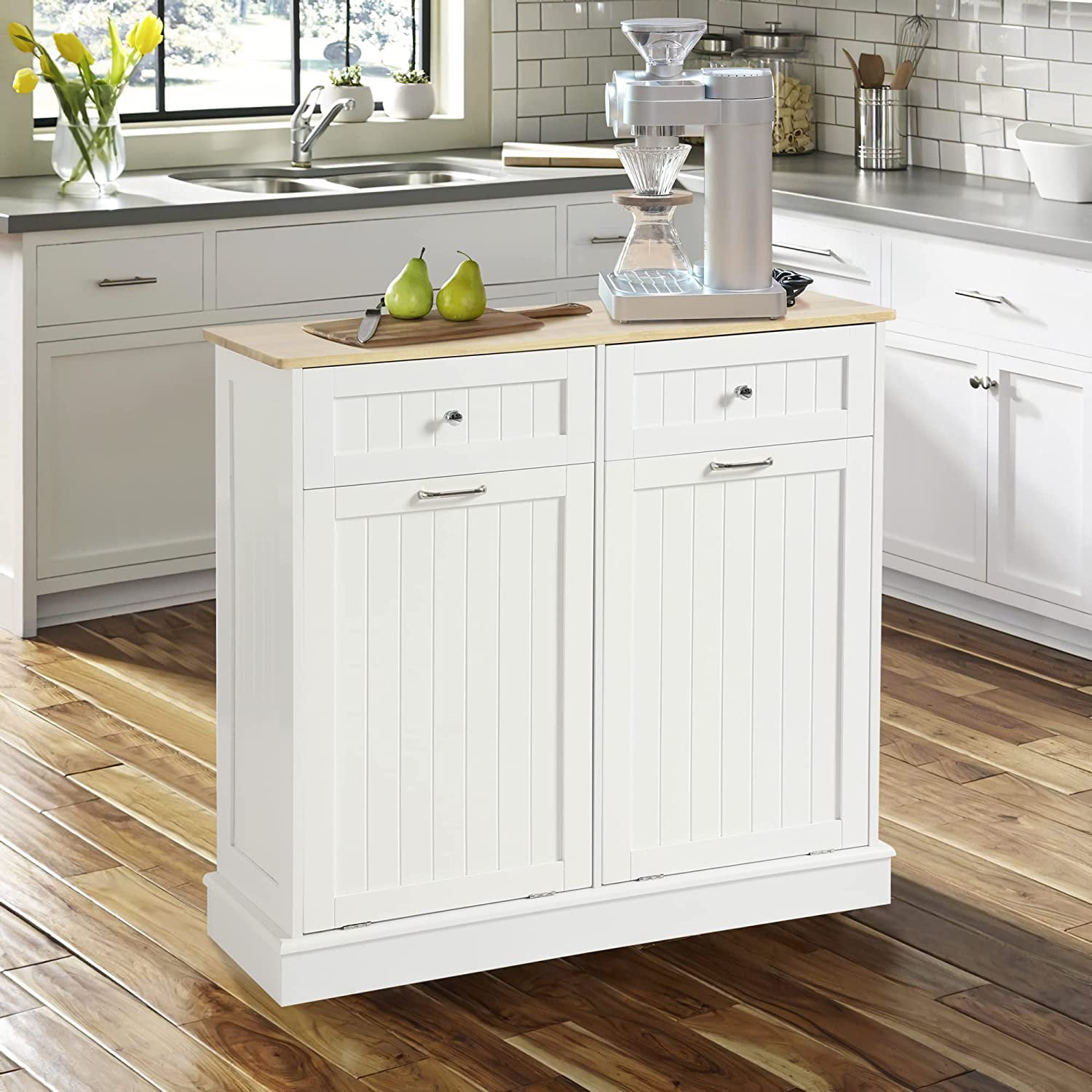 KIGOTY Dual Kitchen Trash Cabinet. Double Tilt Out Trash Can Cabinet with Countertop and Drawer. Free-Standing Pet Proof Recycling Cabinet Garbage Can Holder. Wood (White)
