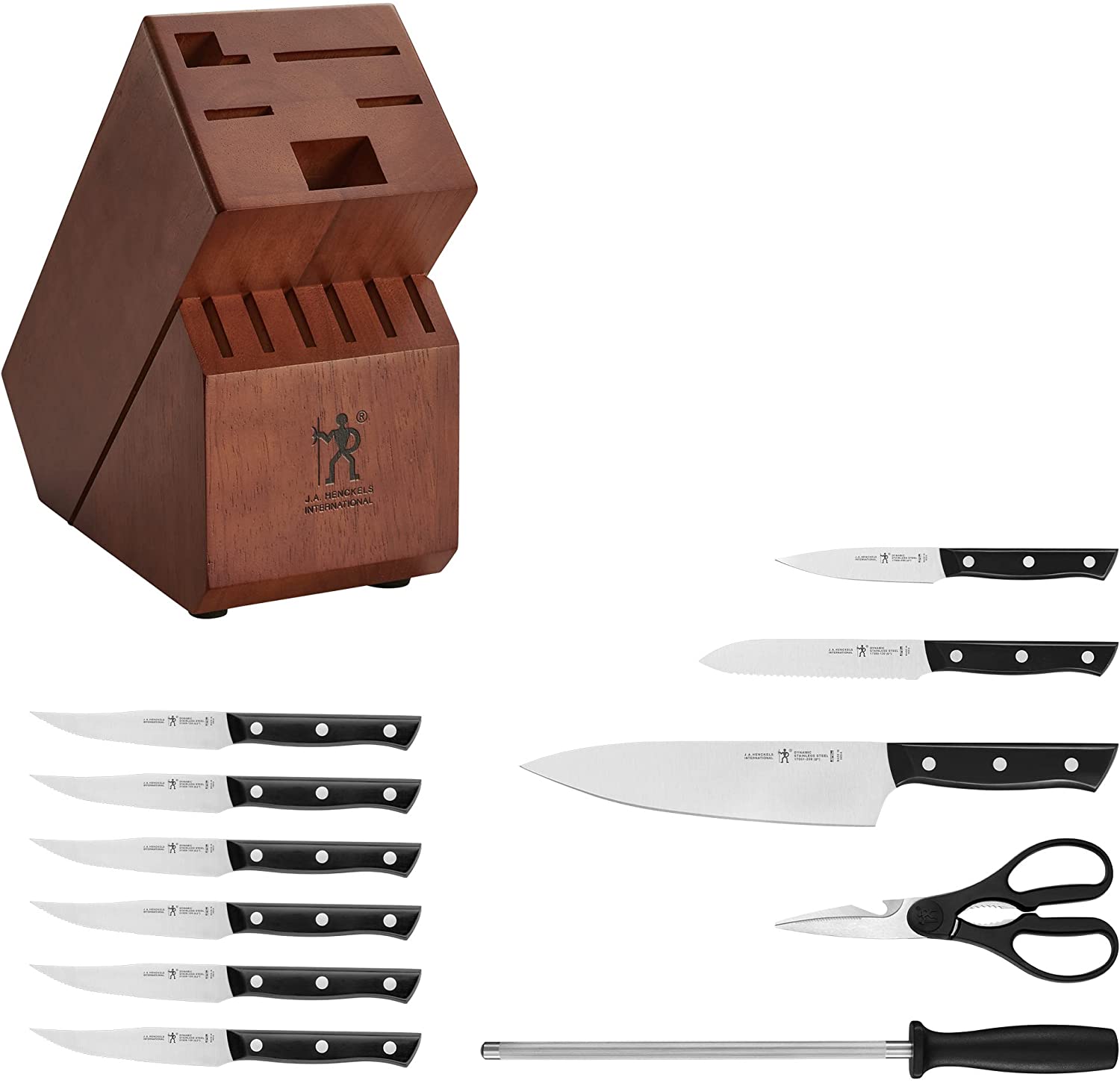 J.A. Henckels International Dynamic Kitchen Knife Set. 12-pc. Chef Knife Set. Knife Sharpener. Paring Knife. Utility Knife. Dark Brown