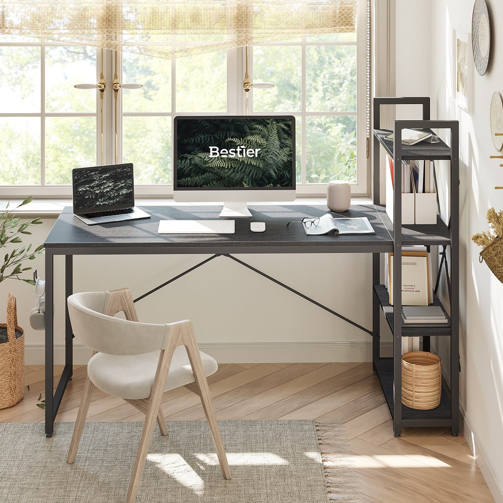 Bestier 63 inch Computer Desk with Storage Shelves. Modern Bookshelf Desk with Headphone Hook Black