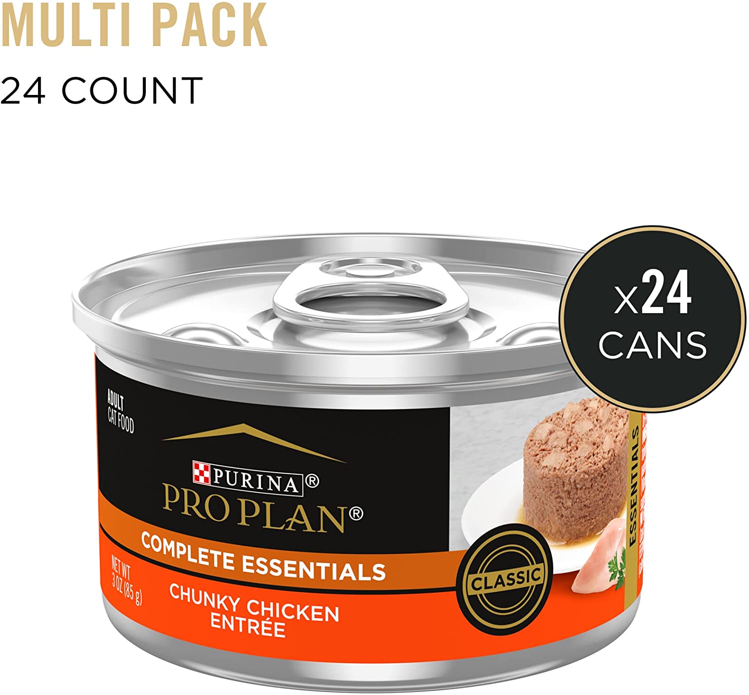 Purina Pro Plan Pate. High Protein Wet Cat Food. COMPLETE ESSENTIALS Classic Chunky Chicken Entree - (24) 3 oz. Pull-Top Cans