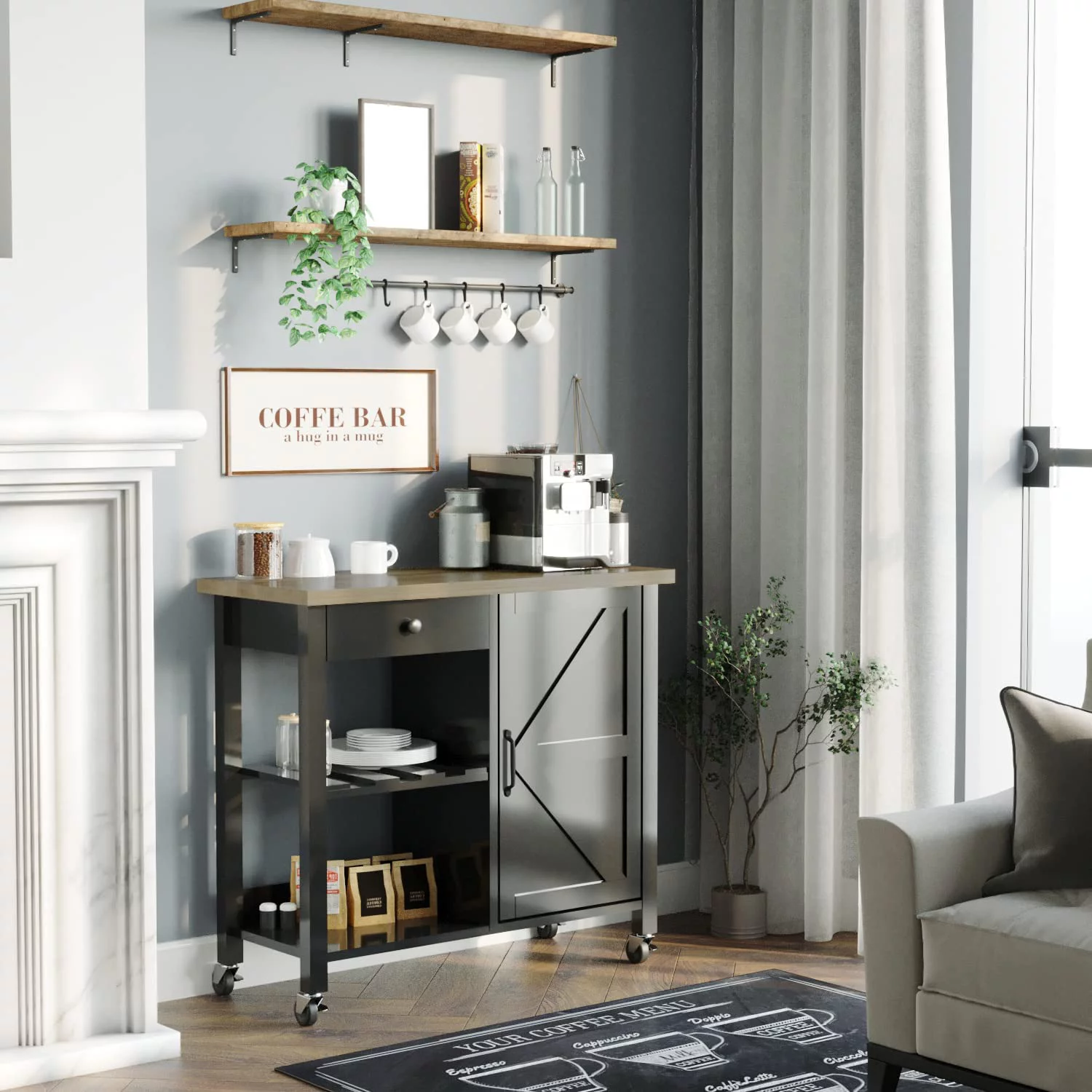 Catrimown Farmhouse Kitchen Island on Wheels. Rolling Kitchen Cart Wheels Mobile Island. Black