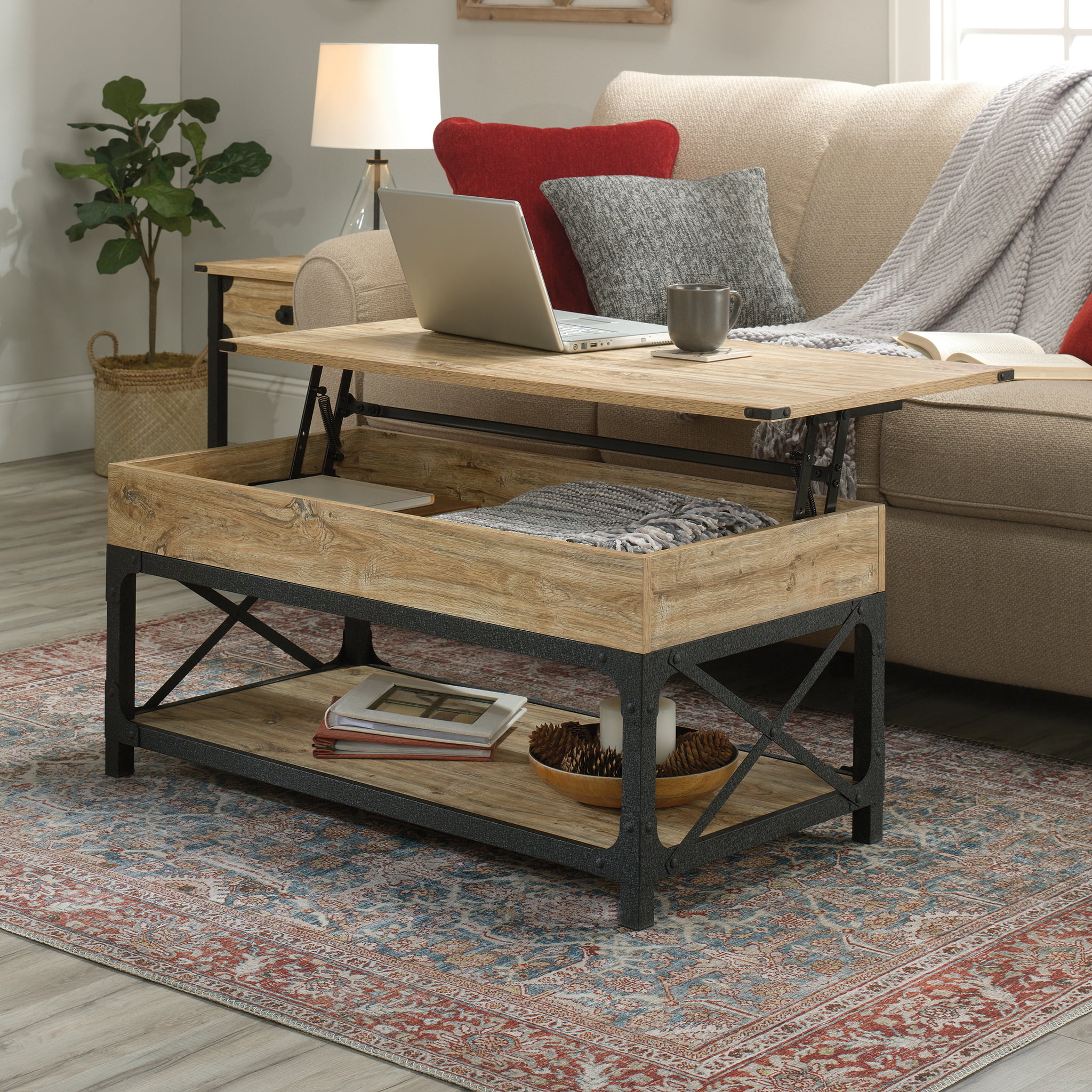 Sauder Steel River Lift Top Coffee Table with Shelf & Storage. Milled Mesquite Finish