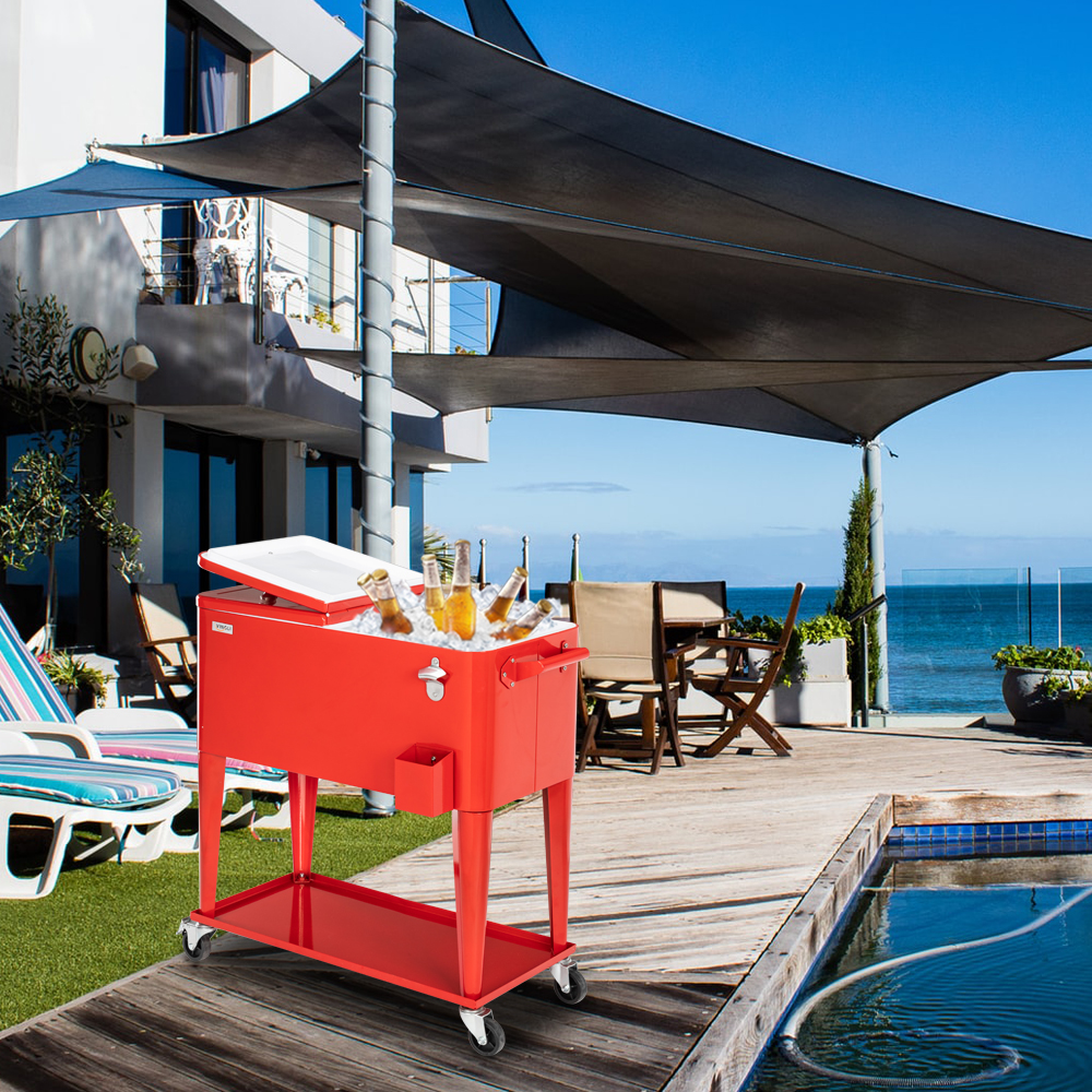 VINGLI 80 Qt Rolling Ice Chest. Patio Cooler with Wheels and Shelf(Red)