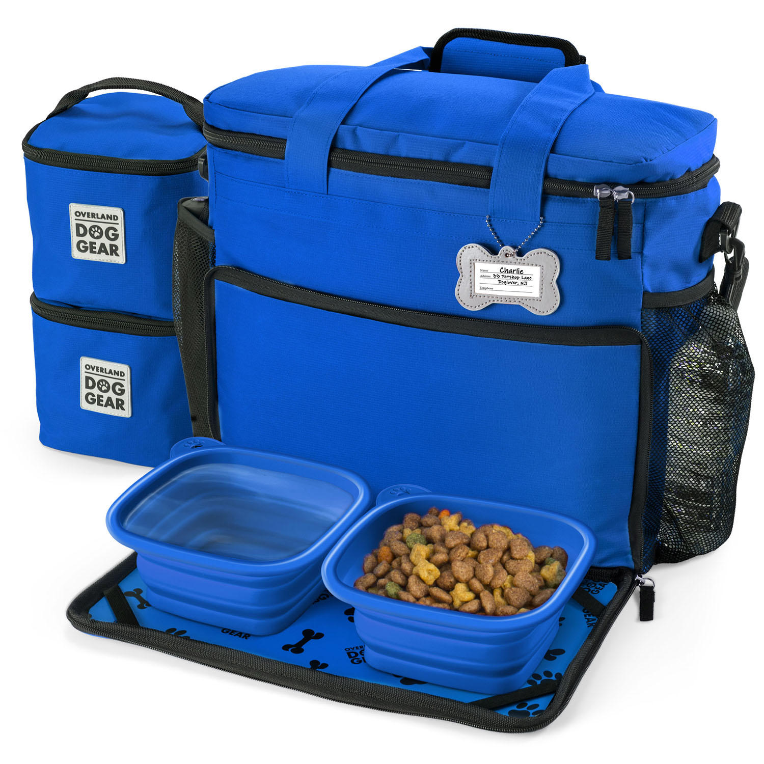 Mobile Dog Gear. Week Away Dog Travel Bag for Small Dogs. Includes Lined Food Carriers and 2 Collapsible Dog Bowl. Blue. Meets Airline Requirements