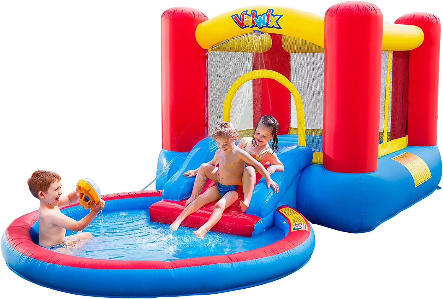 Valwix Inflatable Bounce House with Blower for Kids 3-5 y/o. Bouncy Castle w/Waterslide & Pool for Wet Dry Combo. Bouncer w/Repair Kits. Fun Bounce Area with Basketball Hoop. Blue & Red