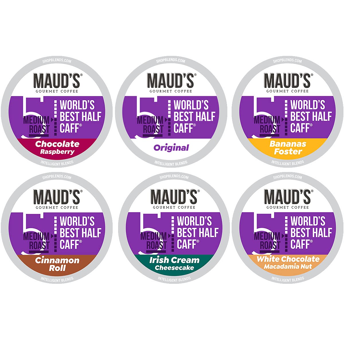Maud-s World-s Best Half Caff Variety Pack (6 Flavors). 48ct. Solar Energy Produced Recyclable Single Serve Half Caff Flavored Coffee Pods. 100% Arabica Coffee California Roasted. KCup Compatible