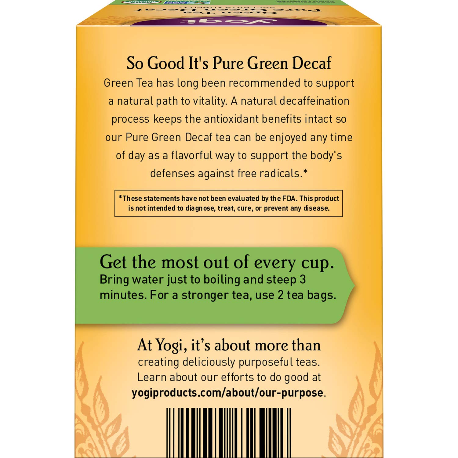 Yogi Tea Green Tea Pure Green Decaf. 6 Pack. Supports Vitality. 96 Tea Bags