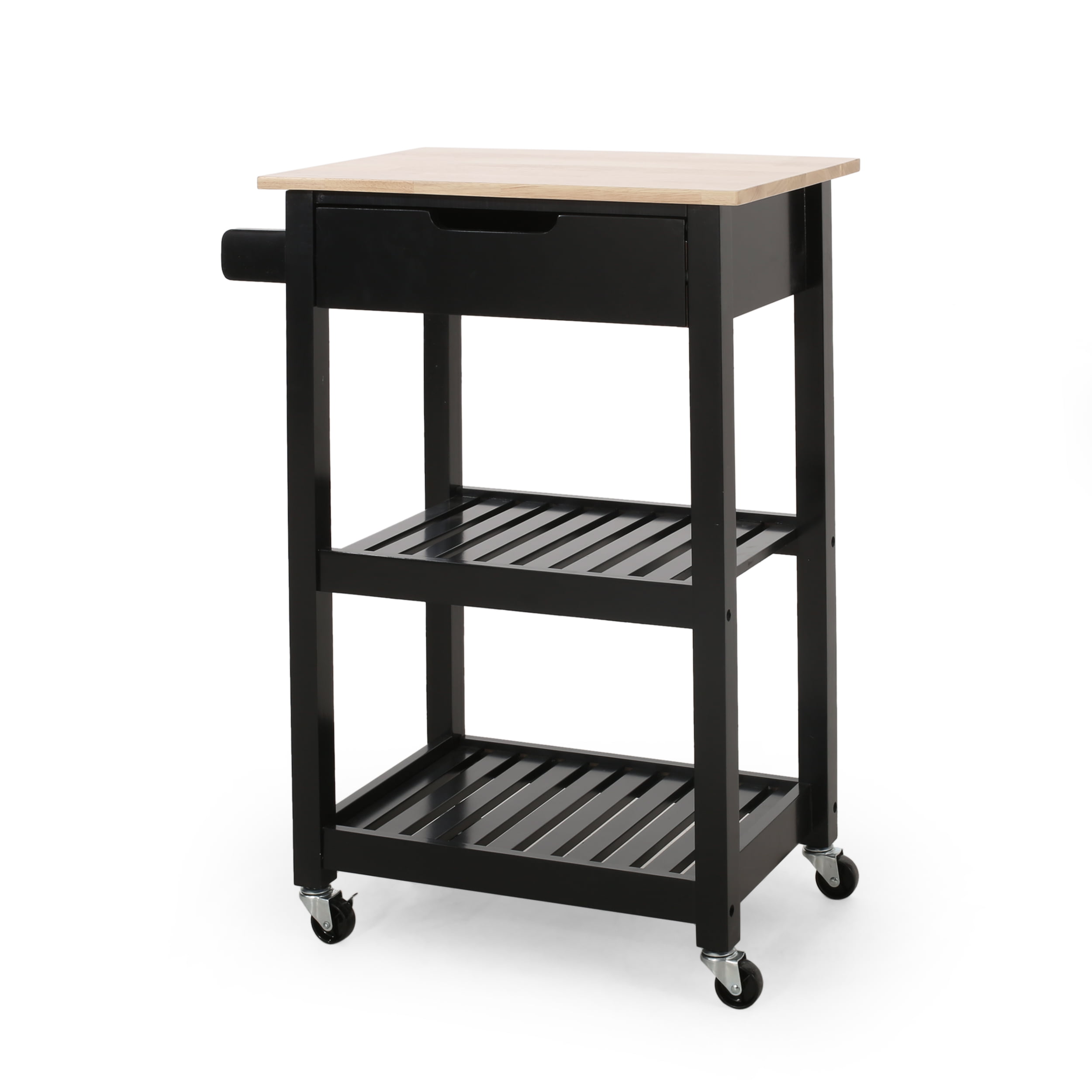 Noble House Treutlen Wood Kitchen Cart with Wheels. Black and Natural