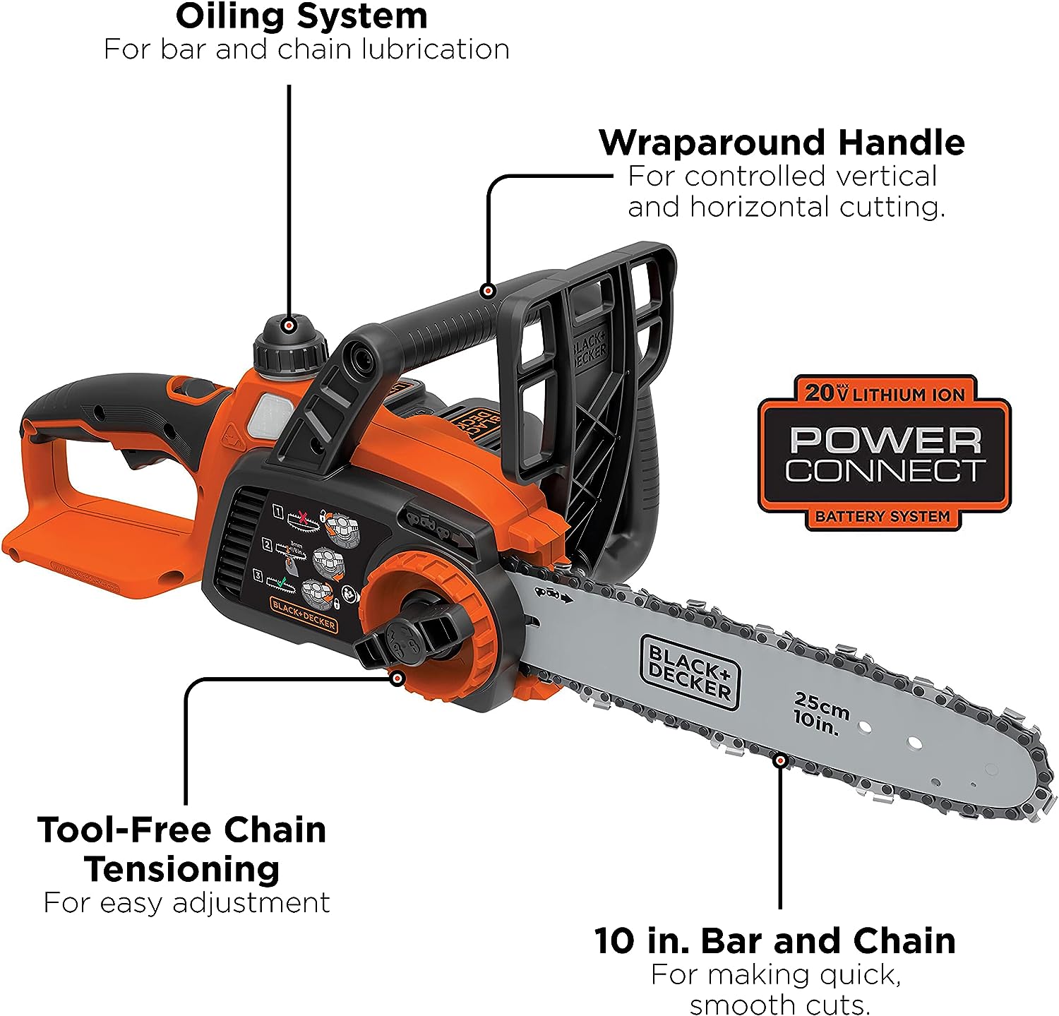 BLACK+DECKER 20V Max Cordless Chainsaw. 10-Inch. Tool Only (LCS1020B)