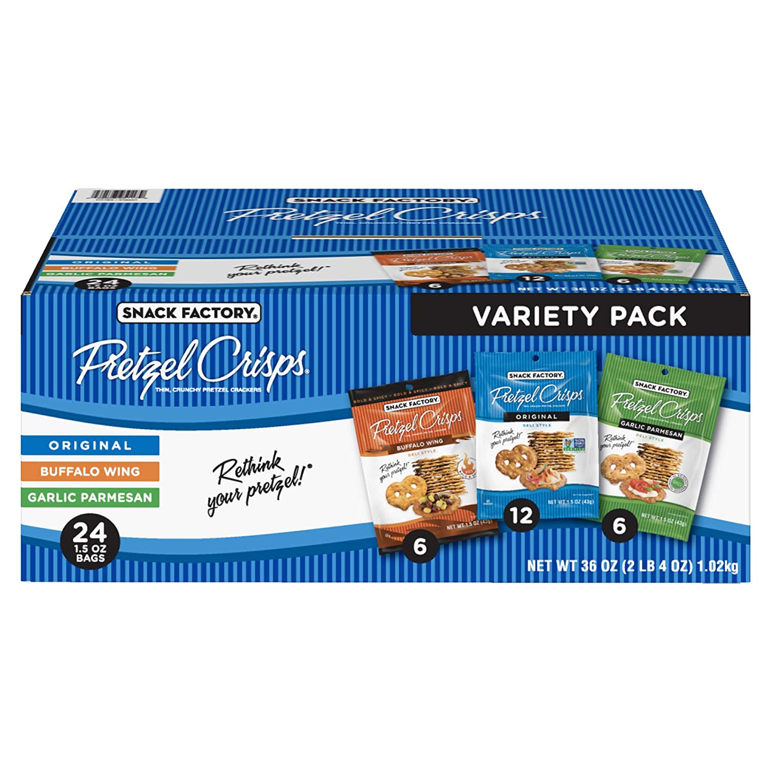 Snack Factory Pretzel Crisps Variety Snack Pack. Single Serve. 1.5 Oz x 24 Count