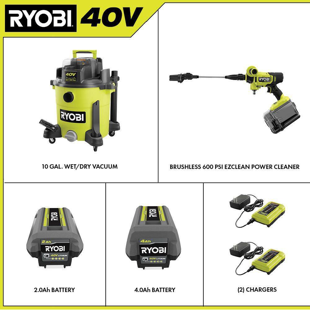 RYOBI RY40WD01K-RY124052KVNM 40V 10 Gal. Cordless Wet/Dry Vacuum with 40V HP Brushless EZClean 600 PSI Power Cleaner. (2) Batteries. and (2) Chargers