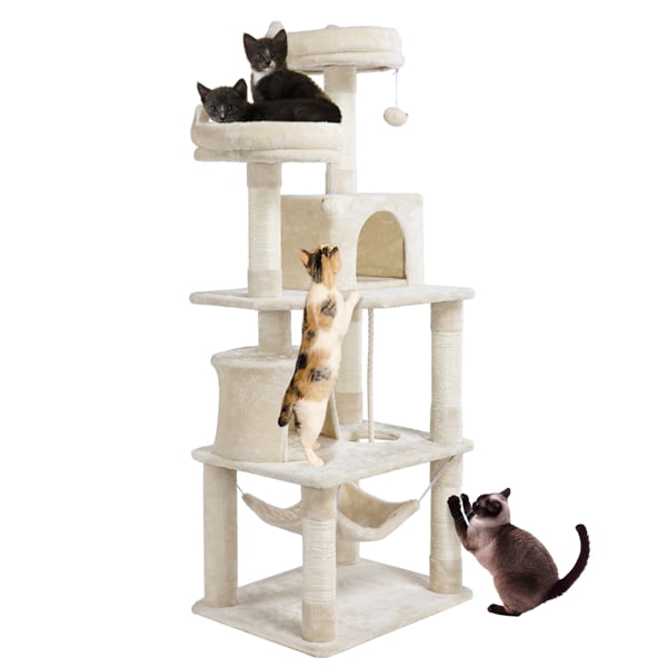 Easyfashion 62.2″ H Multi Level Cat Tree Condo with Scratching Post Beige