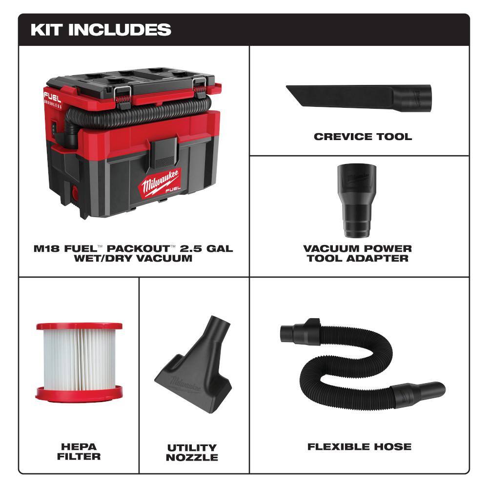 Milwaukee 0970-20-49-90-2019A M18 FUEL PACKOUT Cordless 2.5 Gal. Wet/Dry Vacuum with AIR-TIP 1-1/4 in. - 2-1/2 in. (4-Piece) Automotive Kit