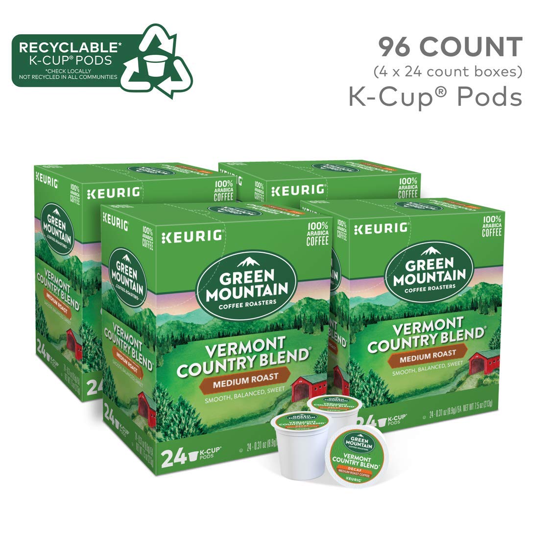 Green Mountain Coffee Roasters Vermont Country Blend. Single-Serve Keurig K-Cup Pods. Medium Roast Coffee.24 Count (Pack of 4)