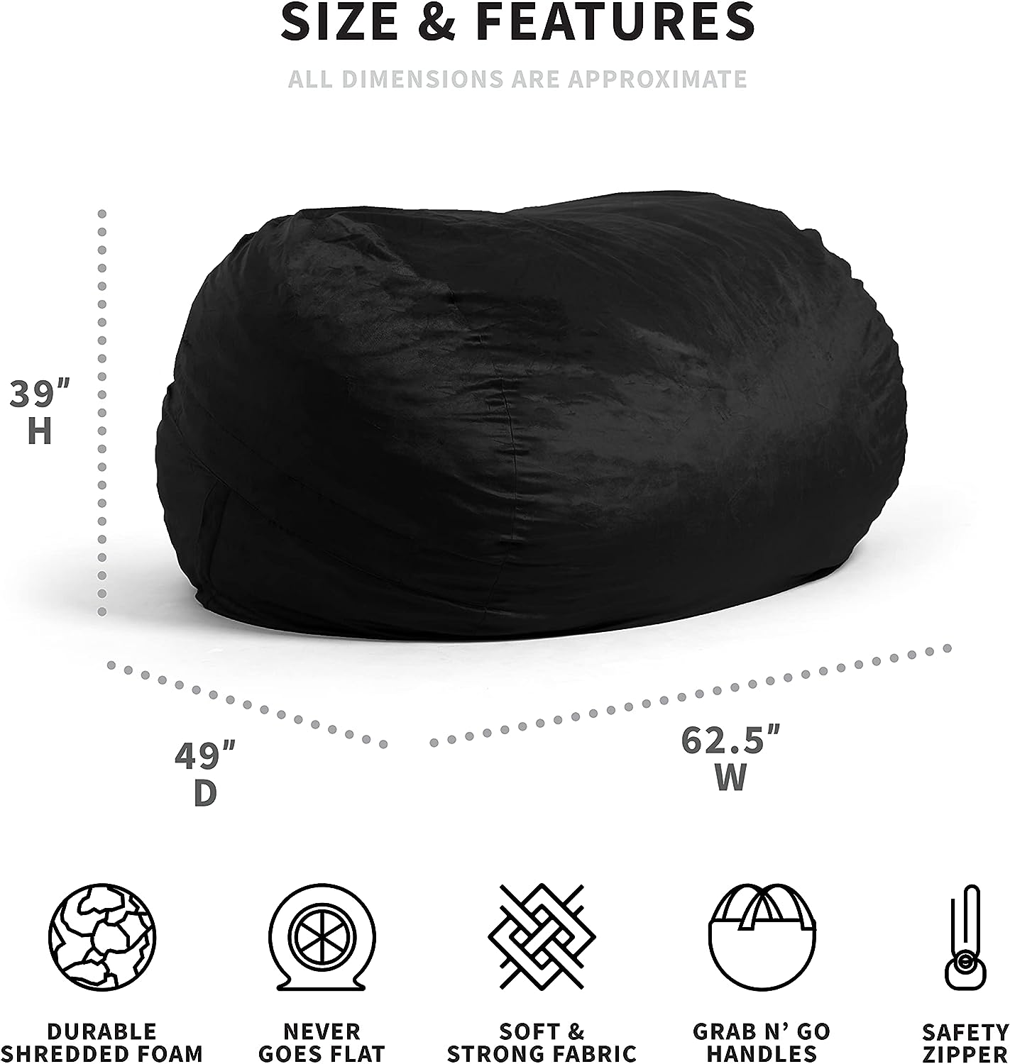 Big Joe Fuf XL Foam Filled Bean Bag Chair with Removable Cover. Black Plush. Soft Polyester. 5 feet Giant