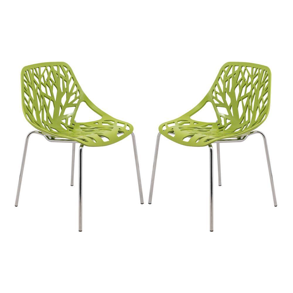 Leisuremod  Asbury Modern Stackable Dining Chair With Chromed Metal Legs Set of 2 in Green