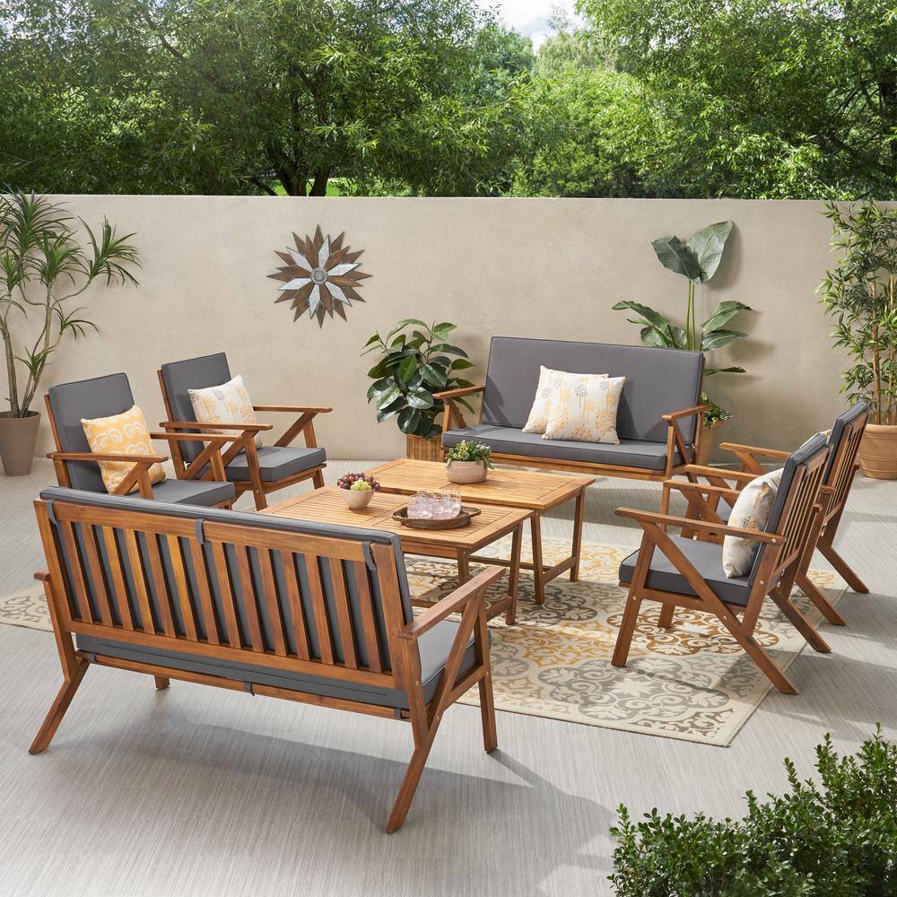 Noble House  Panama Teak Brown 8-Piece Wood Patio Conversation Set with Dark Grey Cushions