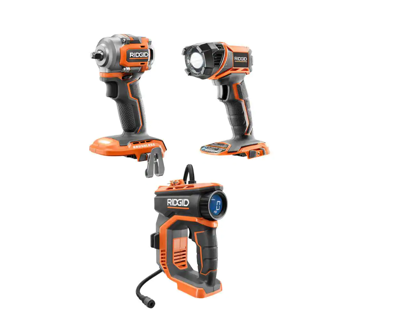 RIDGID R92162SBN 18V Cordless 3-Tool Combo Kit with Brushless 3/8 in. Impact Wrench. Torch Light. and High Pressure Inflator (Tools Only)