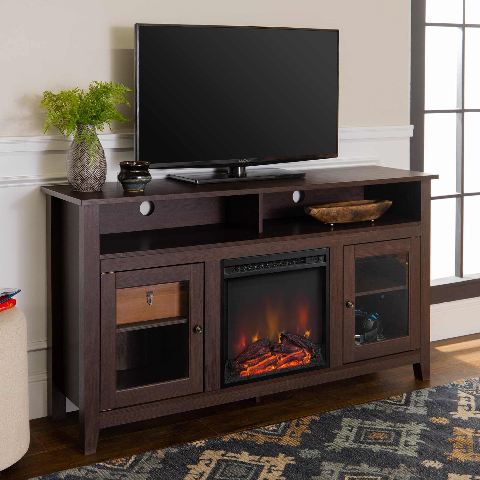 Woven Paths Highboy 2 Door Electric Fireplace TV Stand for TVs up to 65″. Espresso