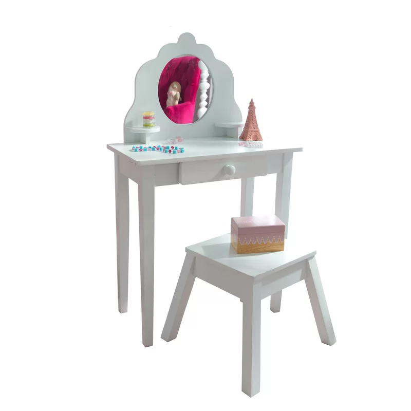 KidKraft Medium Wooden Vanity & Stool - White. Children-s Furniture. Kid-s Bedroom Storage. Gift for Ages 3-8