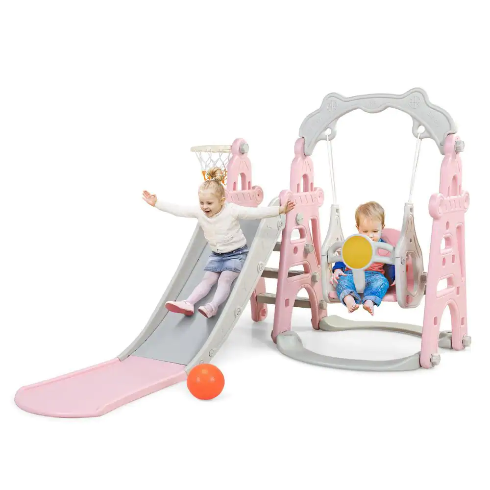 TOBBI TH17G0755 3 in. 1 Kids Slide and Swing Set Toddler Climber Playset Indoor Outdoor Playground. Pink and Grey