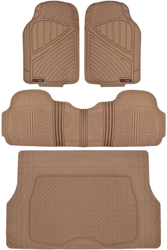 Motor Trend FlexTough Performance All Weather Rubber Car Floor Mats with Cargo Liner - Full Set Front & Rear Floor Mats for Cars Truck SUV. Automotive Floor Mats (Beige)