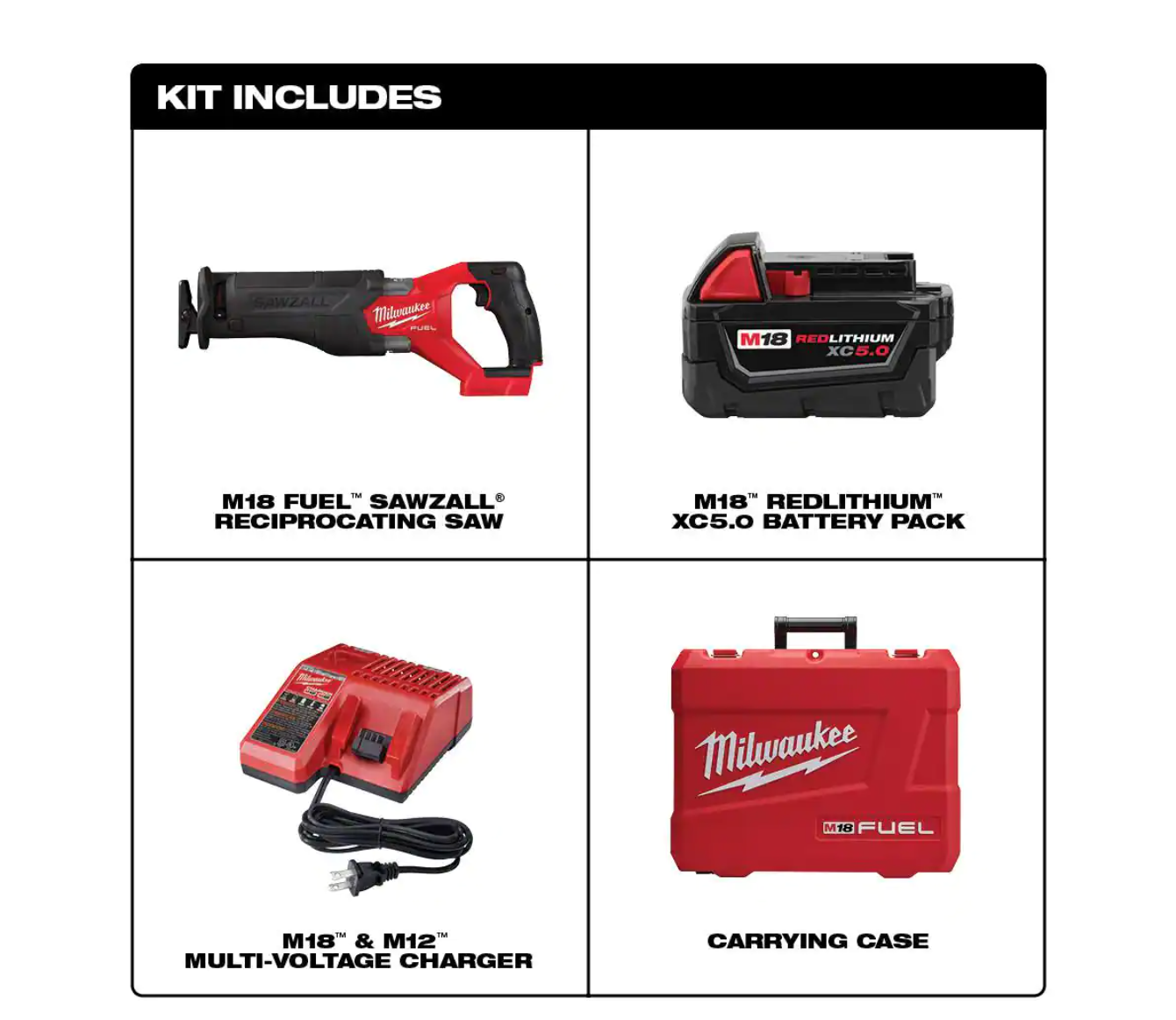 Milwaukee 2821-21 M18 FUEL 18V Lithium-Ion Brushless Cordless SAWZALL Reciprocating Saw Kit W/one 5.0 Ah Batteries. Charger and Case