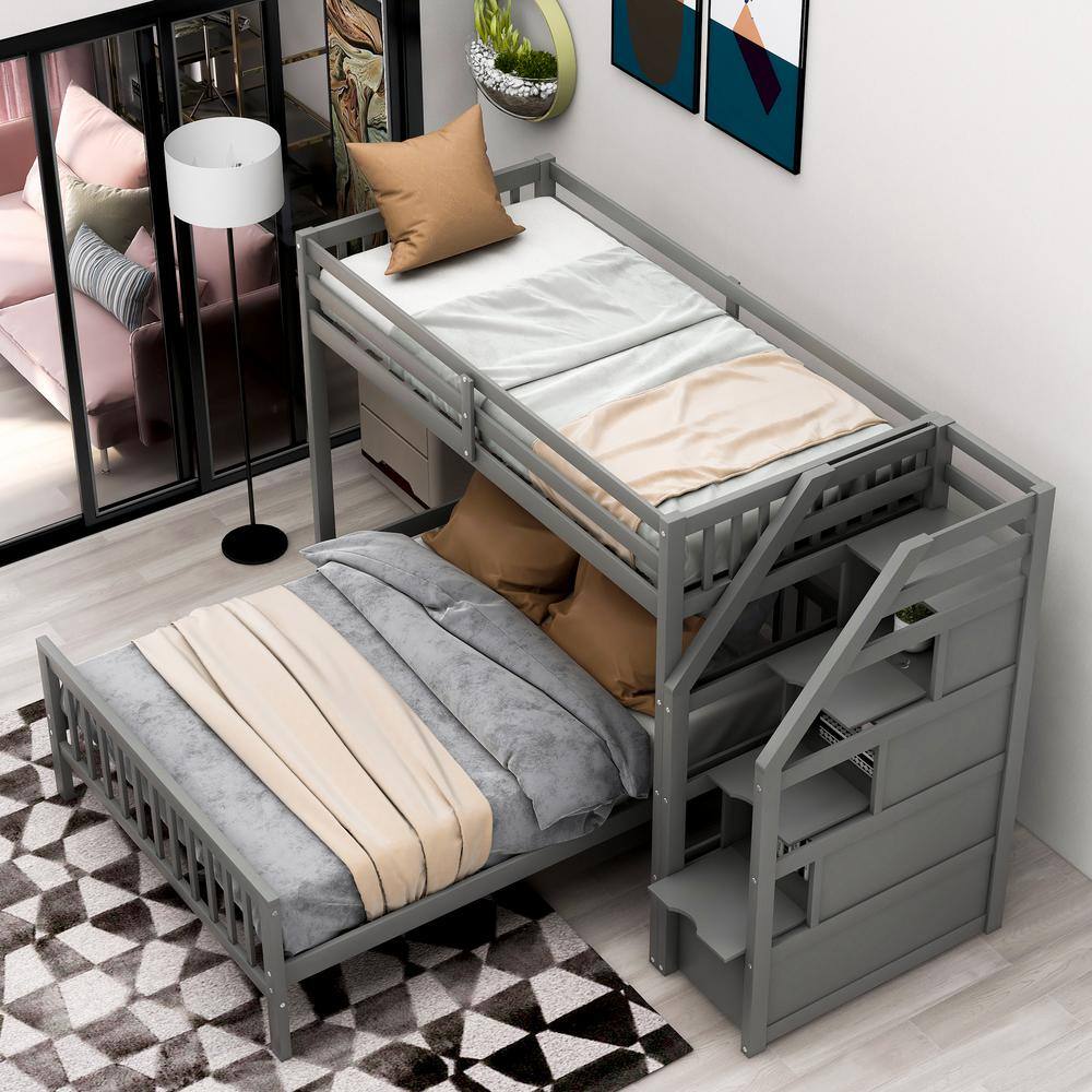 Harper & Bright Designs  Gray Twin Over Full Loft Bed with Storage