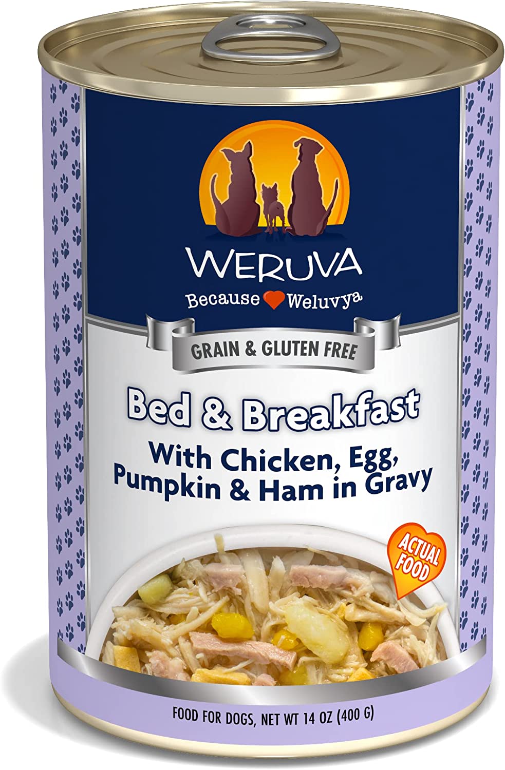 Weruva Bed & Breakfast with Chicken. Egg. Pumpkin & Ham in Gravy Grain-Free Canned Dog Food 14 Ounce (Pack of 12)