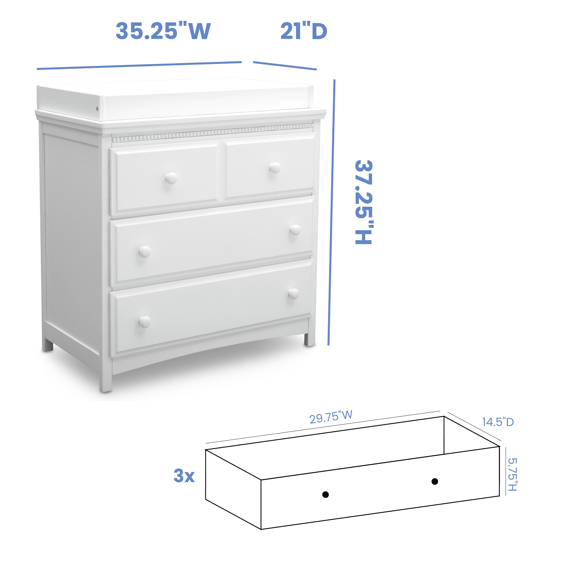 Delta Children Waverly 3 Drawer Dresser with Changing Top. Bianca White