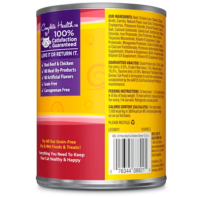 Wellness Complete Health Natural Grain Free Beef & Chicken Pate Wet Cat Food. 12 oz.. Case of 12
