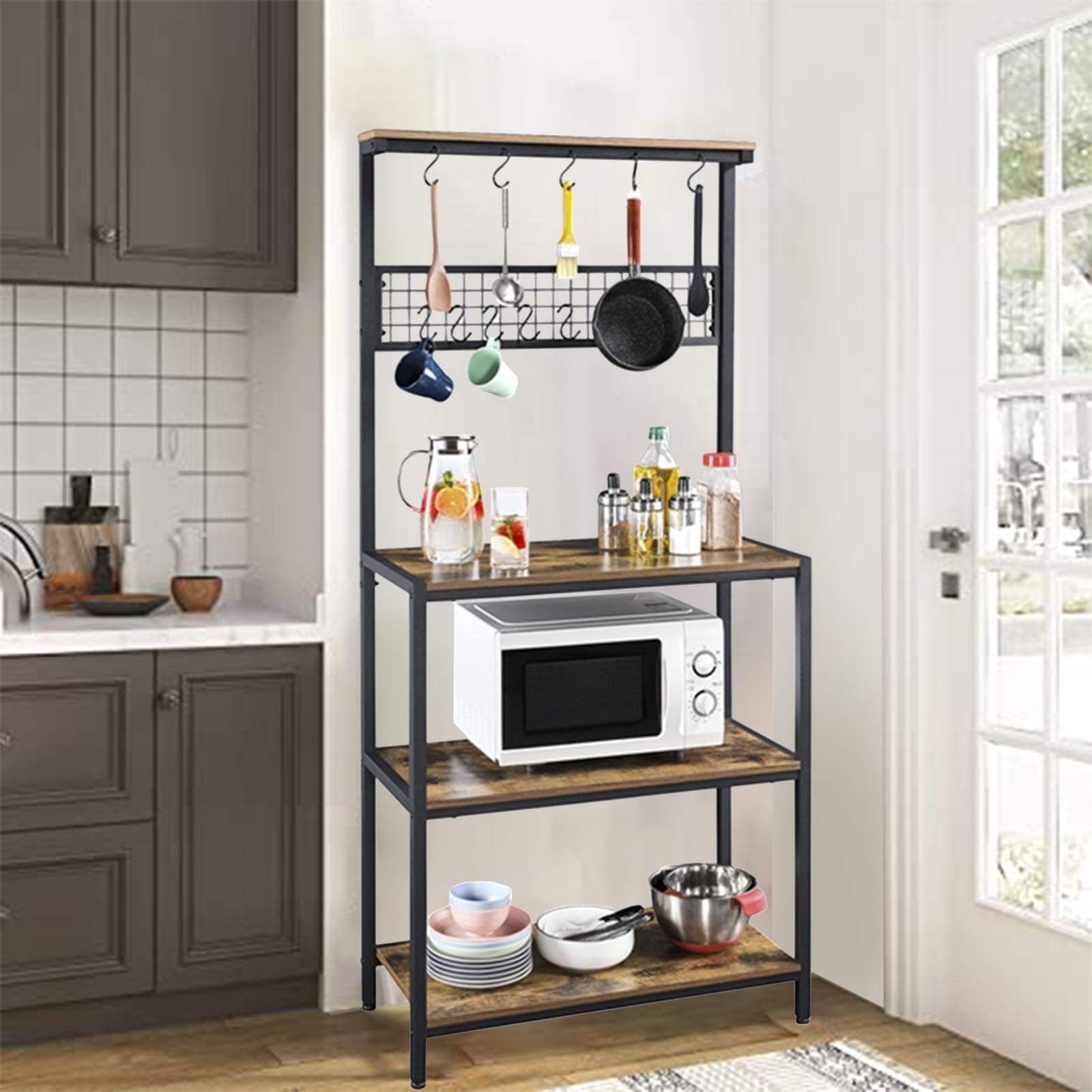 SUGIFT 67″ Wooden Kitchen Bakers Rack with 4 Storage Shelves & 10 Hooks Rustic Brown
