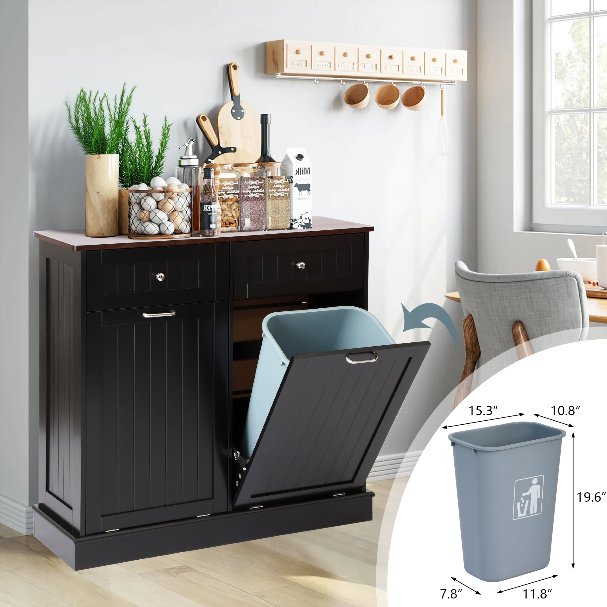 KIGOTY Dual Kitchen Trash Cabinet. Double Tilt Out Trash Can Cabinet with Countertop and Drawer. Free-Standing Pet Proof Recycling Cabinet Garbage Can Holder (Black)