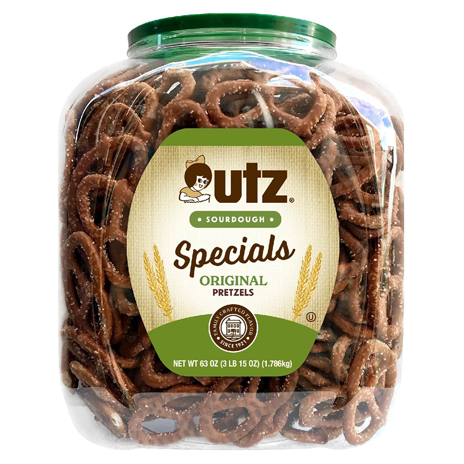 Utz Sourdough Specials Pretzels. Original. 63 oz. Barrel. Classic Pretzel Knot with Rich Sourdough Flavor. Resealable Container. Tasty Party Snack with Zero Cholesterol