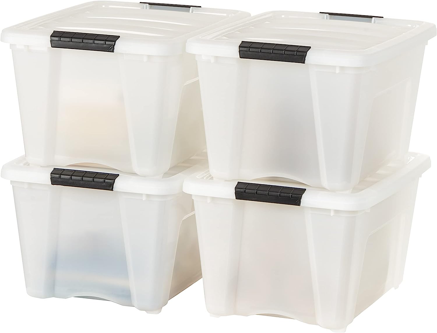 IRIS USA 32 Qt. Plastic Storage Container Bin with Secure Lid and Latching Buckles. 4 pack - Pearl. Durable Stackable Nestable Organizing Tote Tub Box Toy General Organization Medium