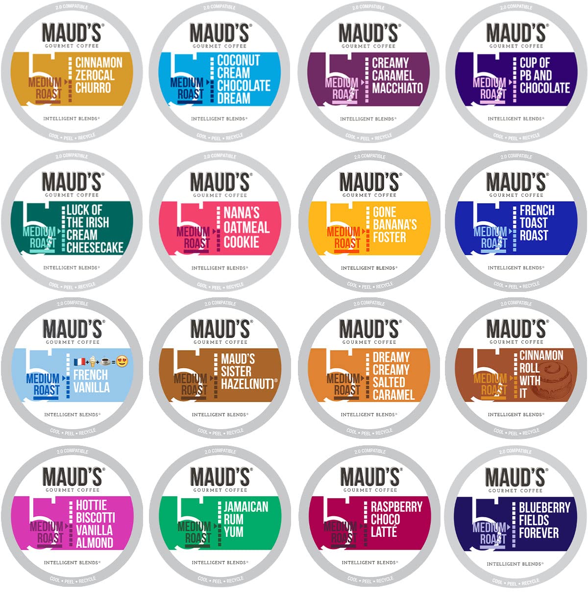 Maud-s Super Flavored Coffee Variety Pack. 80ct. Solar Energy Produced Recyclable Single Serve Flavored Coffee Pods Jam-Packed with 16 Flavors - 100% Arabica Coffee California Roasted. KCup Compatible