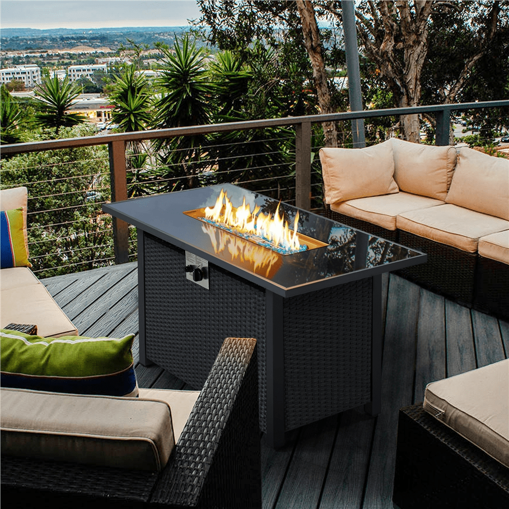 Easyfashion 43″ Outdoor Gas Fire Pit 50.000 BTU with Tempered Glass Tabletop. Black