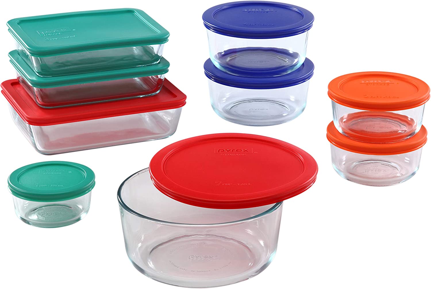 Pyrex Simply Store 18 Piece Meal Prep Storage Containers Set. Large and Small | Round and Rectangle Glass Food Storage Containers with Lids | Doesn-t Absorb Food Odors. Flavors. or Stains