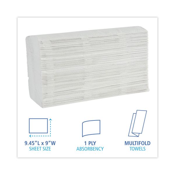 Boardwalk Multifold Paper Towels. 9″ x 9.45″. 1-Ply. White. 250 Sheets/Pack. 16 Packs/Carton